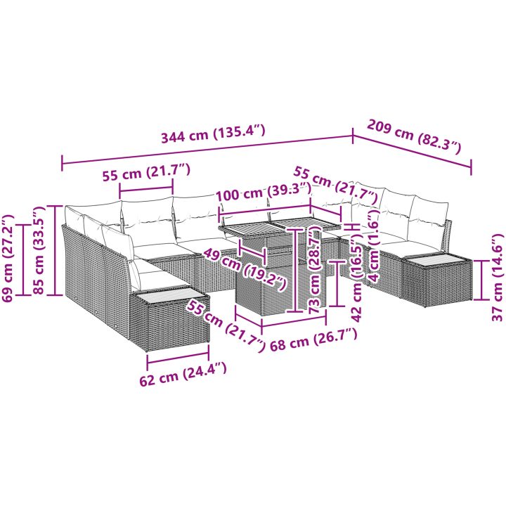 11-delars trädgårdsmöbelset med kuddar, grå poly-rattan och akacia. vidaXL 100 x 55 x 73 cm – bild 11