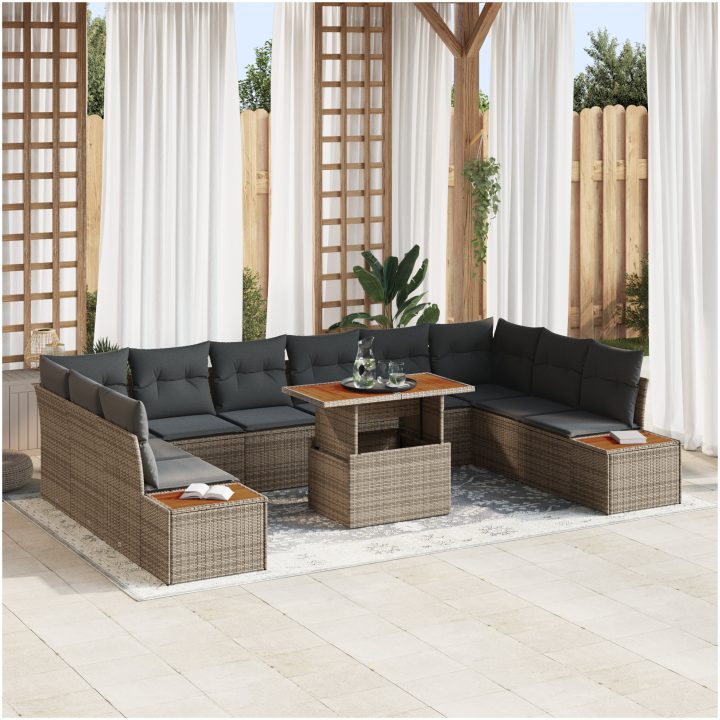 11-delars trädgårdsmöbelset med kuddar, grå poly-rattan och akacia. vidaXL 100 x 55 x 73 cm – bild 3