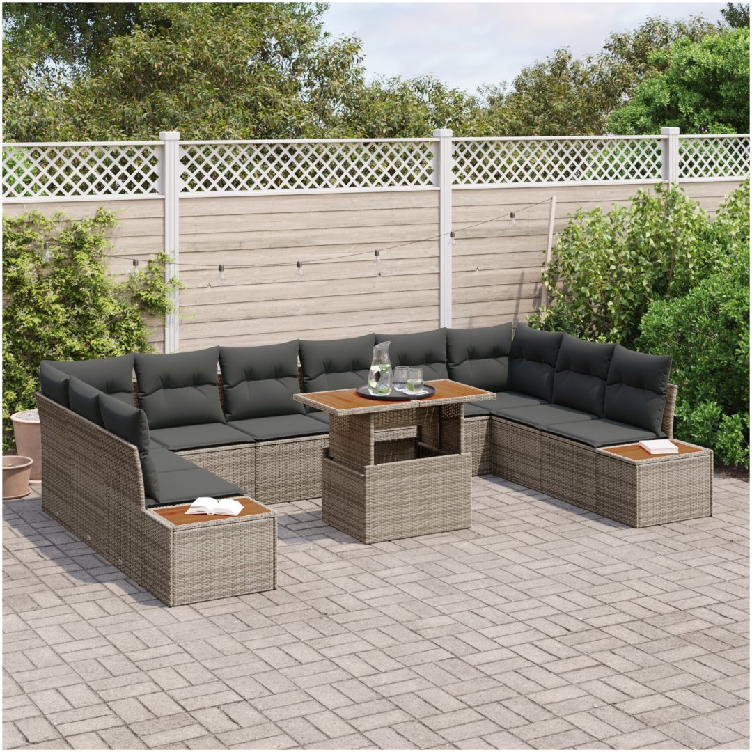 11-delars trädgårdsmöbelset med kuddar, grå poly-rattan och akacia. vidaXL 100 x 55 x 73 cm