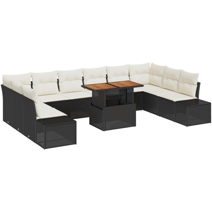 11-delars trädgårdsmöbelset med kuddar i svart poly-rattan och akacia vidaXL 100 x 55 x 73 cm – bild 2