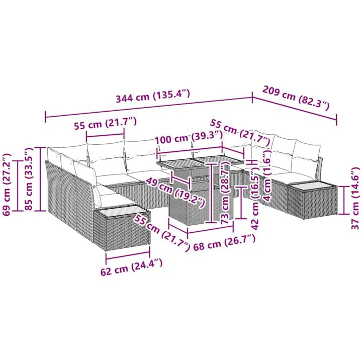 11-delars trädgårdsmöbelset med kuddar i svart polyrotting och akacia vidaXL 100 x 55 x 73 cm – bild 11