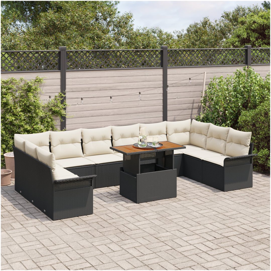 11-delars trädgårdsofa set med dynor svart poly rattan vidaXL Stor – bild 3