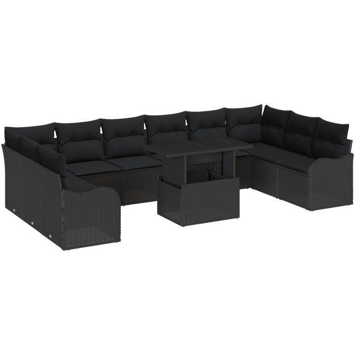 11-delars Trädgårdsofa Set med Kuddar Svart Poly Rattan vidaXL Stor – bild 2