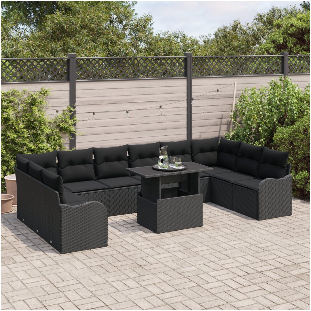 11-delars Trädgårdsofa Set med Kuddar Svart Poly Rattan vidaXL Stor – bild 3