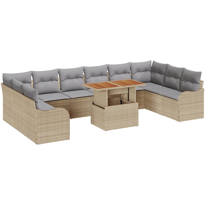 11-delars trädgårdsoff set med kuddar beige poly rattan vidaXL Stor – bild 2