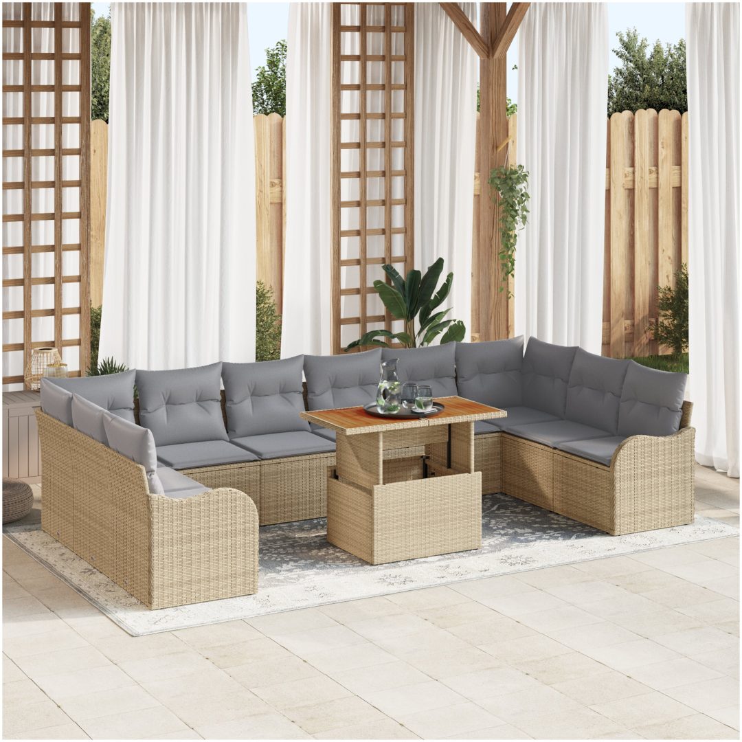 11-delars trädgårdsoff set med kuddar beige poly rattan vidaXL Stor