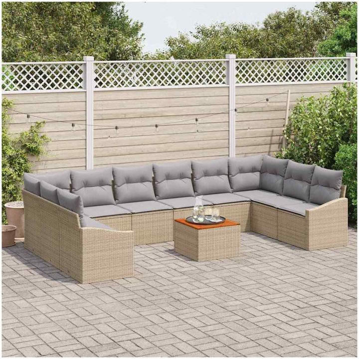11-delars trädgårdsoff-set med kuddar, beige poly rotting och akacia vidaXL 55 x 55 x 37 cm – bild 3