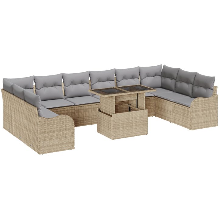 11-delars trädgårdsoff set med kuddar beige poly rotting vidaXL Stor – bild 2