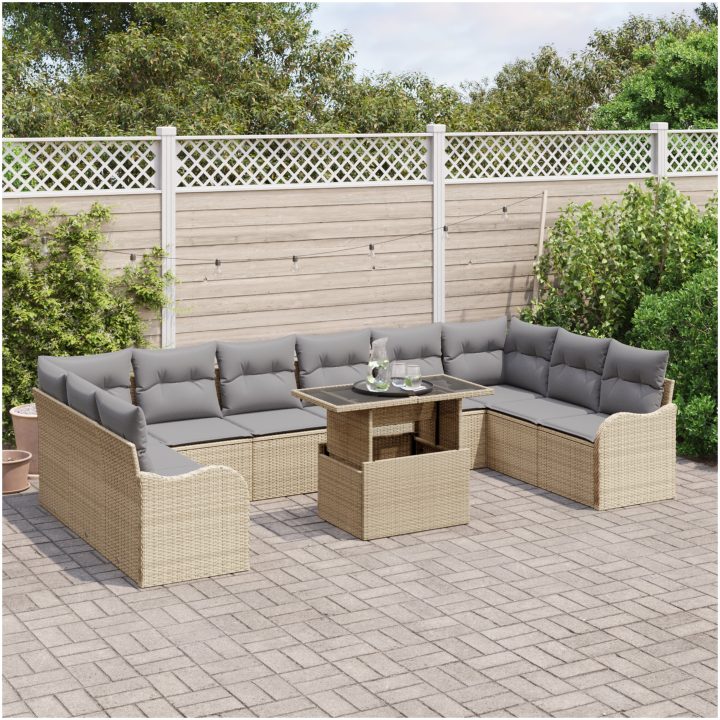 11-delars trädgårdsoff set med kuddar beige poly rotting vidaXL Stor – bild 3