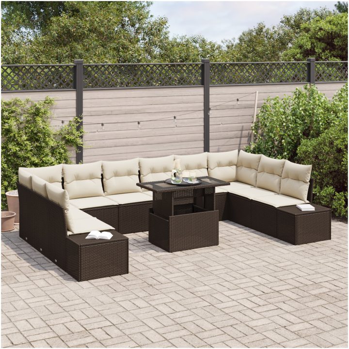 11-delars trädgårdsoff set med kuddar - brun poly rattan vidaXL 100 x 55 x 73 cm – bild 3