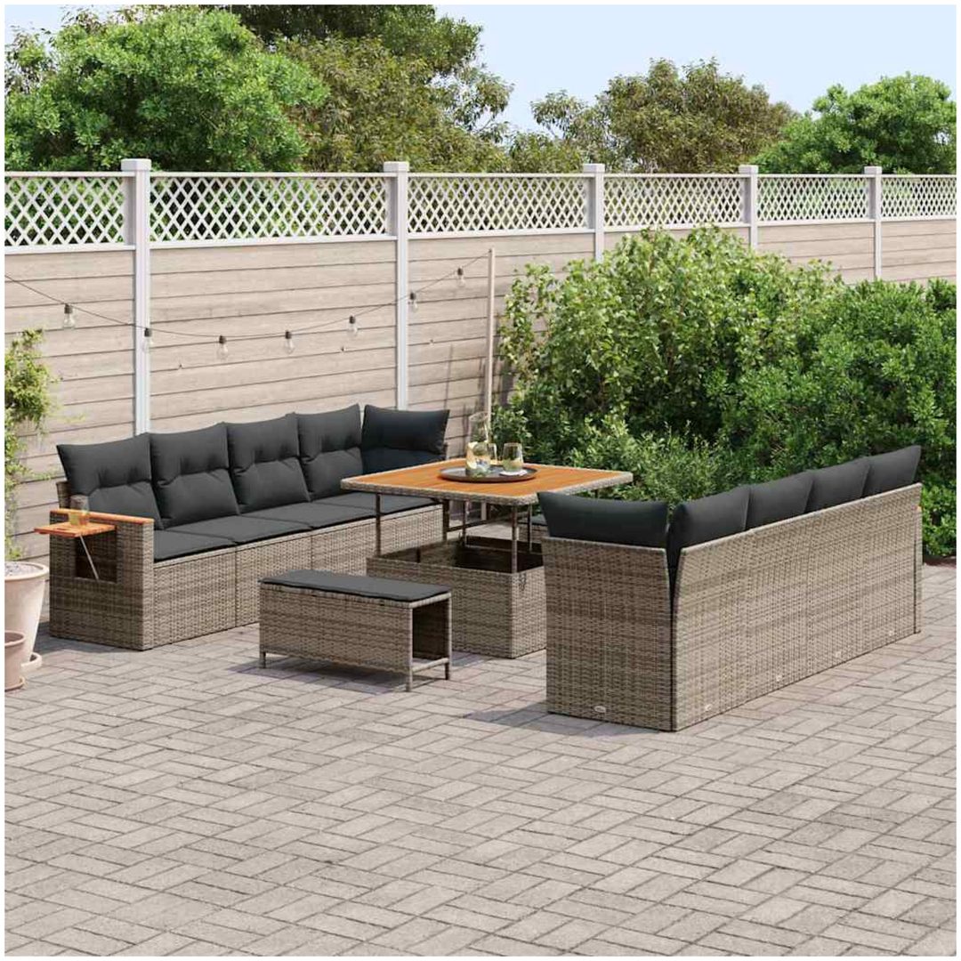 11-delars trädgårdsoff set med kuddar grå poly rattan akacia vidaXL Stor – bild 3