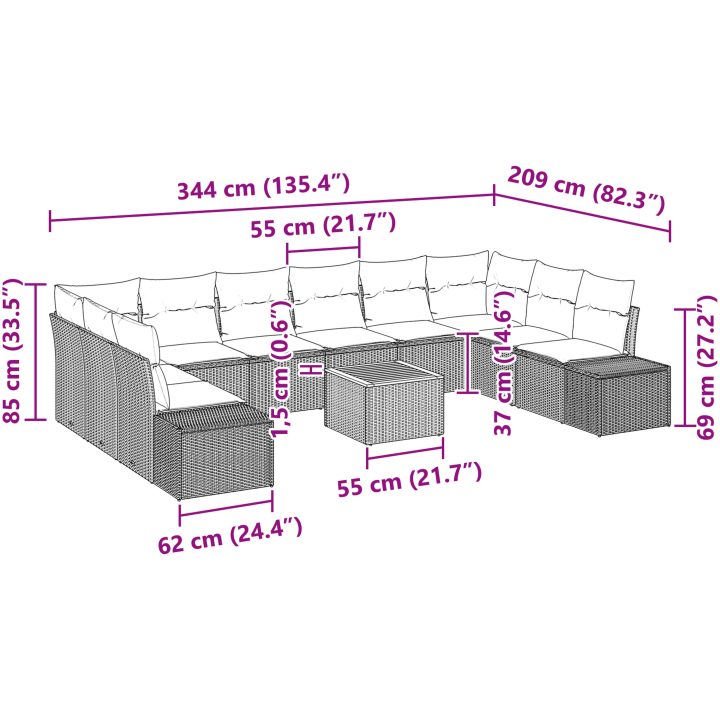 11-delars trädgårdsoff-set med kuddar i grå poly-rattan och akacia vidaXL 55 x 55 x 37 cm – bild 9