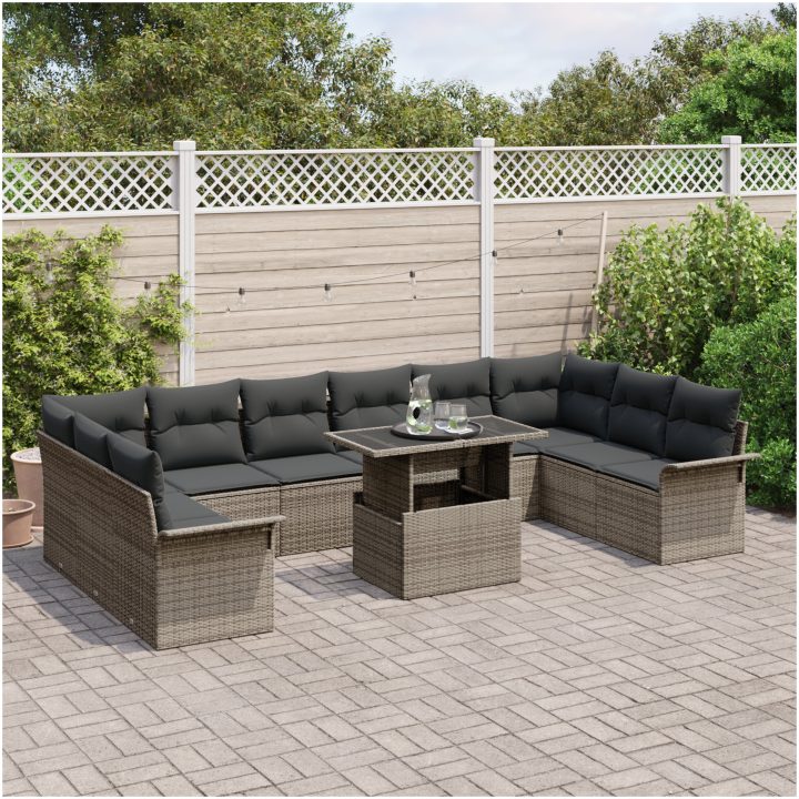 11-delars trädgårdsoff-set med kuddar i grå poly rattan vidaXL 100 x 55 x 73 cm – bild 3
