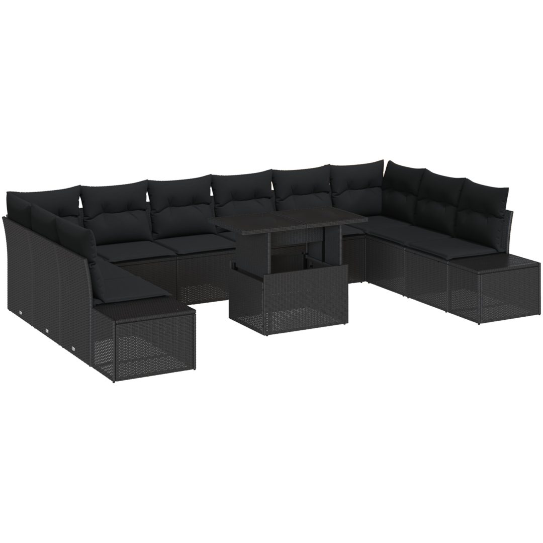 11-delars trädgårdsoff-set med kuddar i svart polyrotting vidaXL 100 x 55 x 73 cm – bild 2