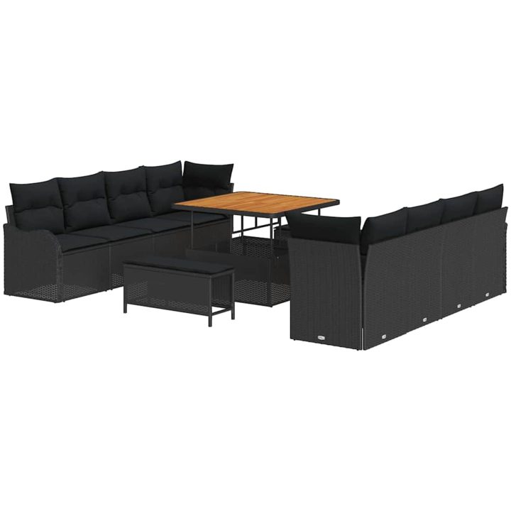 11-delars trädgårdsoff set med kuddar - Svart Poly Rattan Akacia vidaXL Stor – bild 2