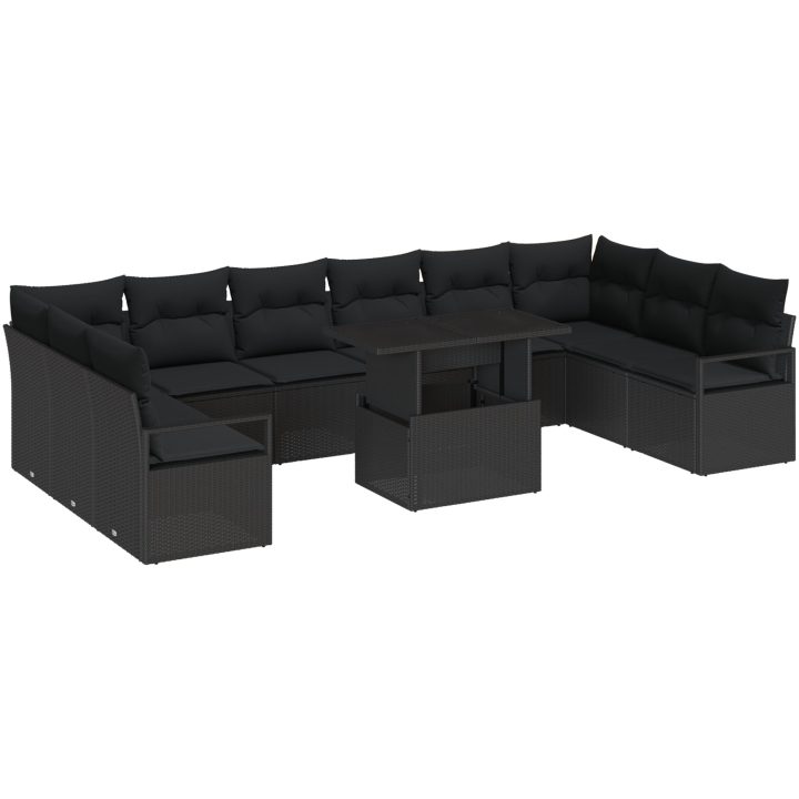 11 Delars Trädgårdsoff set med kuddar Svart Poly Rattan vidaXL Stor – bild 2