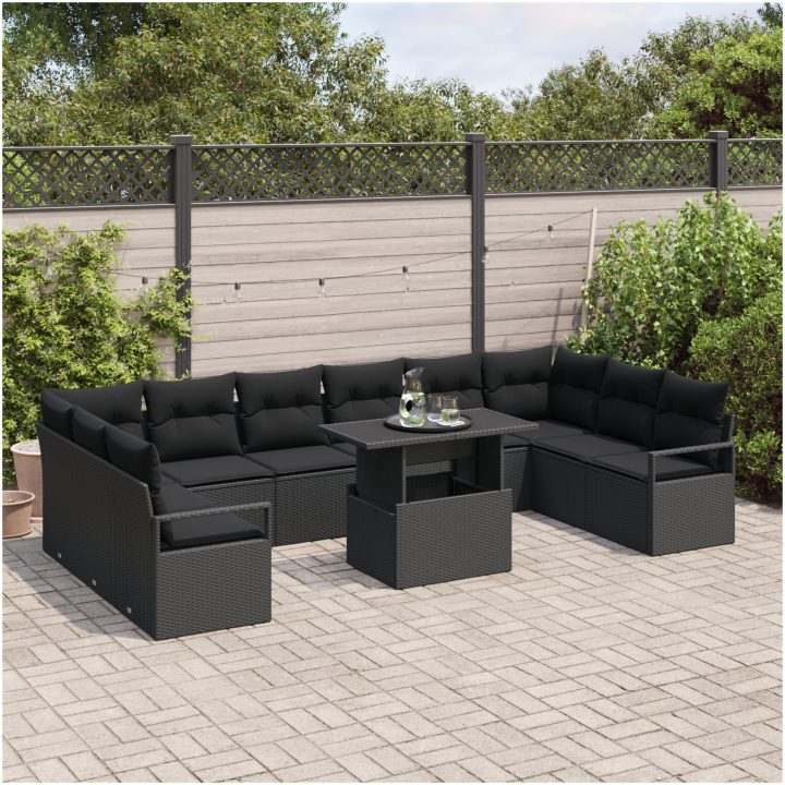 11 Delars Trädgårdsoff set med kuddar Svart Poly Rattan vidaXL Stor – bild 3