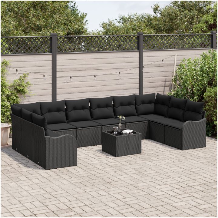 11-delars Trädgårdsoffa Set med Dynor Beige Poly Rattan vidaXL Stor – bild 3
