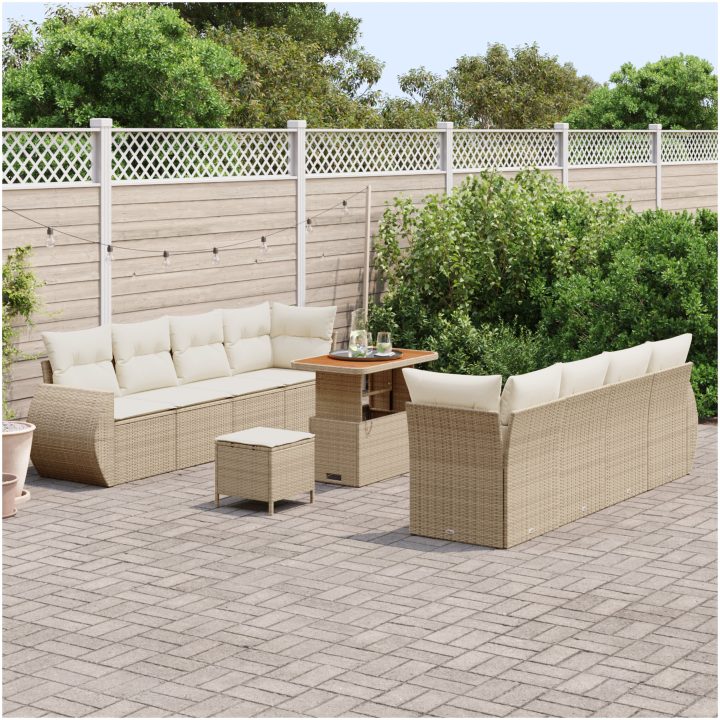 11-delars trädgårdsoffa set med kuddar beige poly rotting akacia vidaXL Två - Sits, fyra - Sits, 90 cm – bild 3