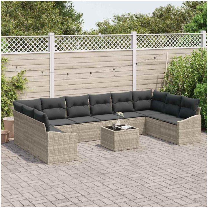 11-delars trädgårdsoffa set med kuddar grå poly rotting vidaXL 344 x 178,5 x 85 cm – bild 3