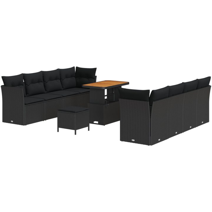 11 Delars Trädgårdsoffa Set med Kuddar Svart Poly Rattan Akacia vidaXL Standard – bild 2
