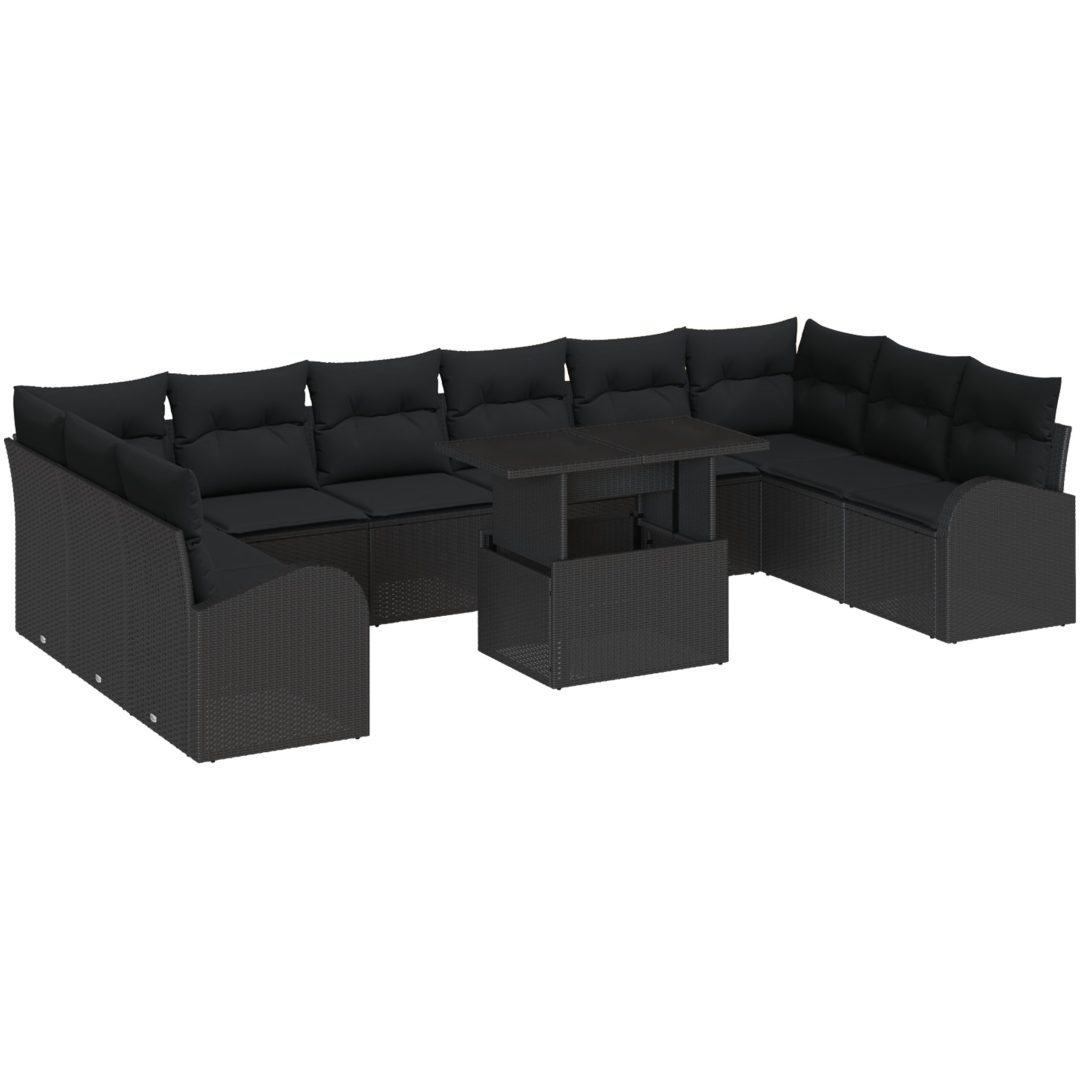 11-delars trädgårdsoffagrupp med kuddar i svart poly rattan vidaXL 100 x 55 x 73 cm – bild 2