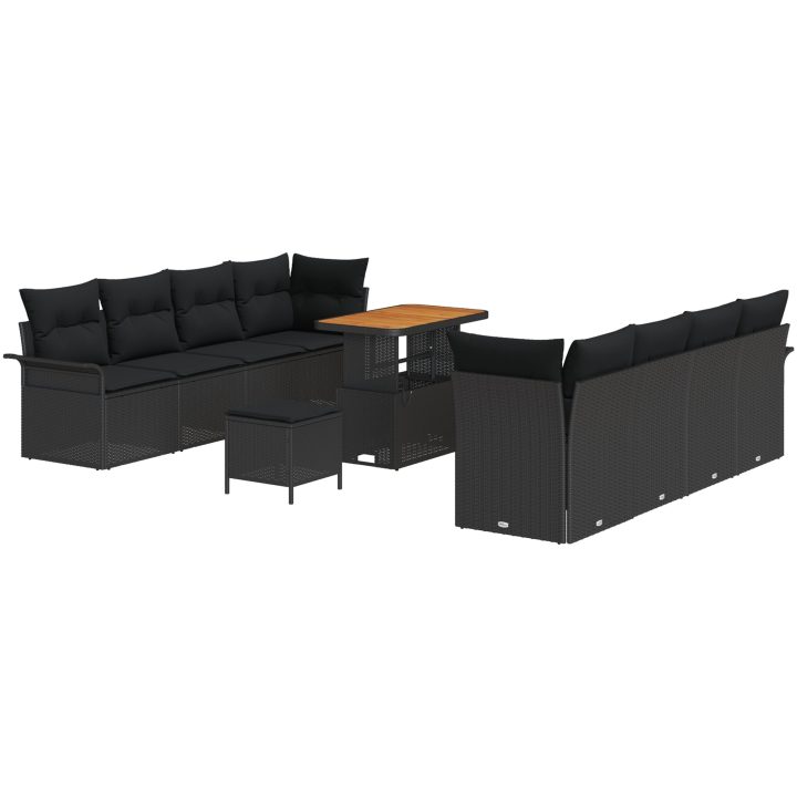 11-delars trädgårdsoffagrupper med kuddar Svart Poly Rattan Acacia vidaXL Stor – bild 2