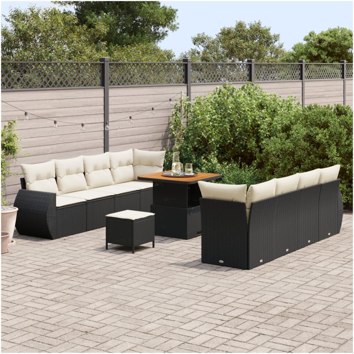 11-delars trädgårdsoffas med kuddar svart poly rattan akacia vidaXL Medium, 4 - Sits, kompakt – bild 3