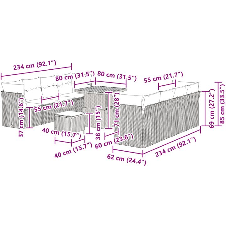11-delars trädgårdsoffaset med kuddar Beige Polyrotting Akaciaträ vidaXL Stor – bild 12