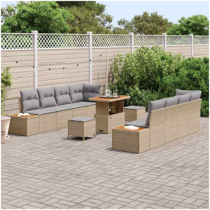11-delars trädgårdsoffasett med kuddar beige poly rattan akacia vidaXL Stor – bild 3