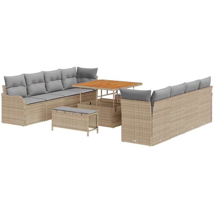 11-delars Trädgårdsoffgrupp med kuddar Beige Poly Rattan Akaciaträ vidaXL Medium – bild 2