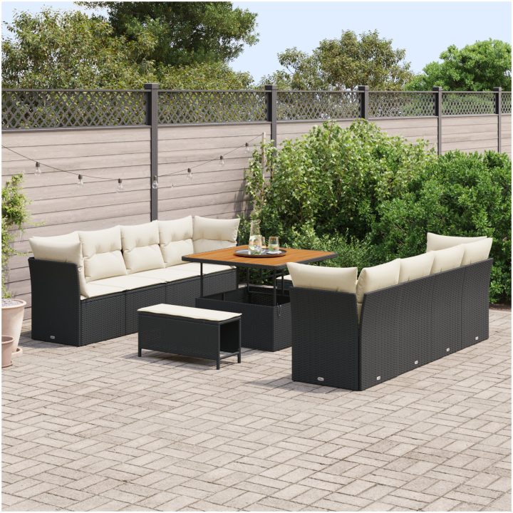 11-delars Trädgårdsoffor med Kuddar Svart Poly Rattan Akacia vidaXL Medium – bild 3