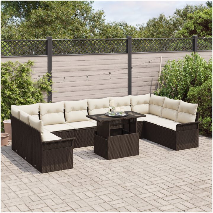 11-delars trädgårdsoffset med kuddar i brun poly-rattan vidaXL 100 x 55 x 73 cm – bild 3