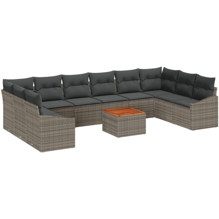 11-delars trädgårdsoffset med kuddar i grå poly-rattan och akacia vidaXL 55 x 55 x 37 cm – bild 2