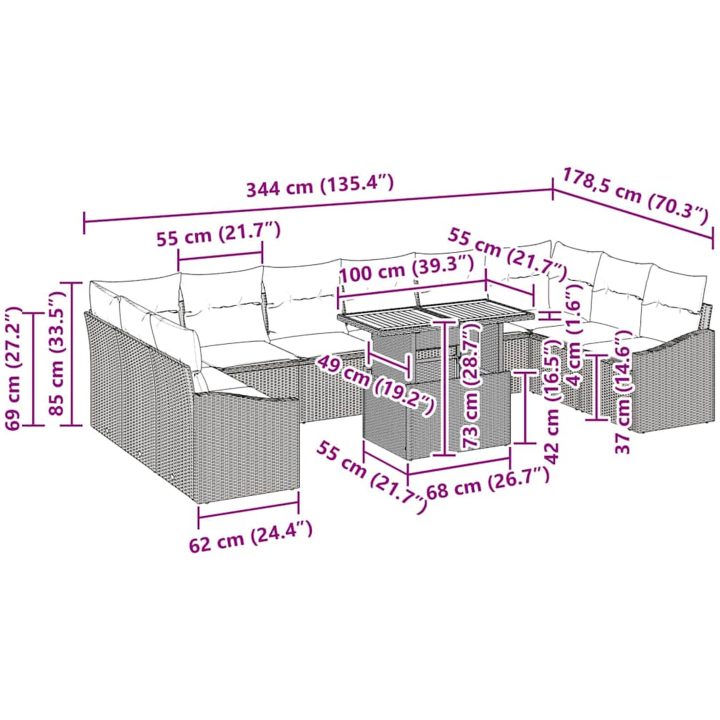 11-delars Trädgårdsserveringsset med Kuddar, Svart Poly Rattan och Akacia vidaXL 100 x 55 x 73 cm – bild 11