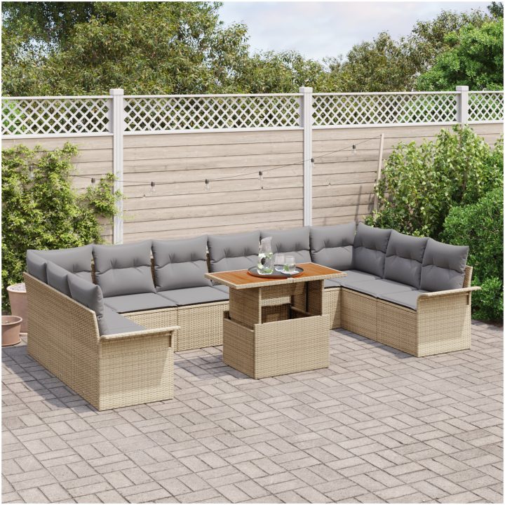 11-delars trädgårdsset med kuddar i beige poly rattan och akacia vidaXL 100 x 55 x 73 cm – bild 3