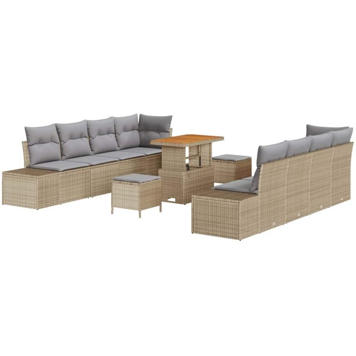 11-delars trädgårdssofa set med kuddar beige poly rotting akacia vidaXL Stor – bild 2