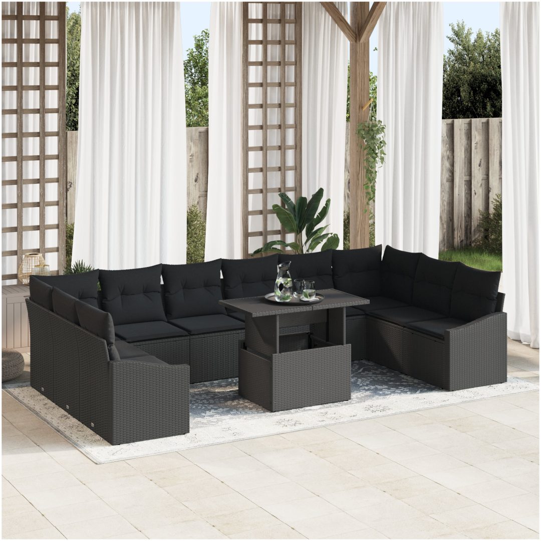 11-delars trädgårdssoff-set med kuddar svart polyrotting vidaXL 100 x 55 x 73 cm