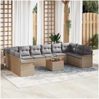 11 Delars Trädgårdssoffa Set med Kuddar Beige Poly Rattan Acacia vidaXL