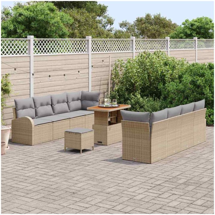11-delars trädgårdssoffset med kuddar Beige Poly Rattan Akacia vidaXL Medium – bild 3