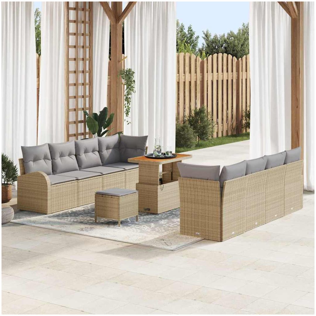 11-delars trädgårdssoffset med kuddar Beige Poly Rattan Akacia vidaXL Medium