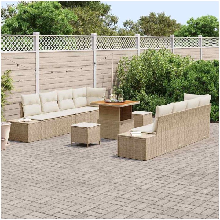 11-delars trädgårdsssoffor med kuddar Beige Polyrotang Akacia vidaXL Stor – bild 3