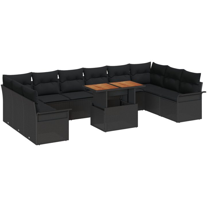 11-delars utemöbelset med kuddar i svart polyrotting och akacia vidaXL 100 x 55 x 73 cm – bild 2