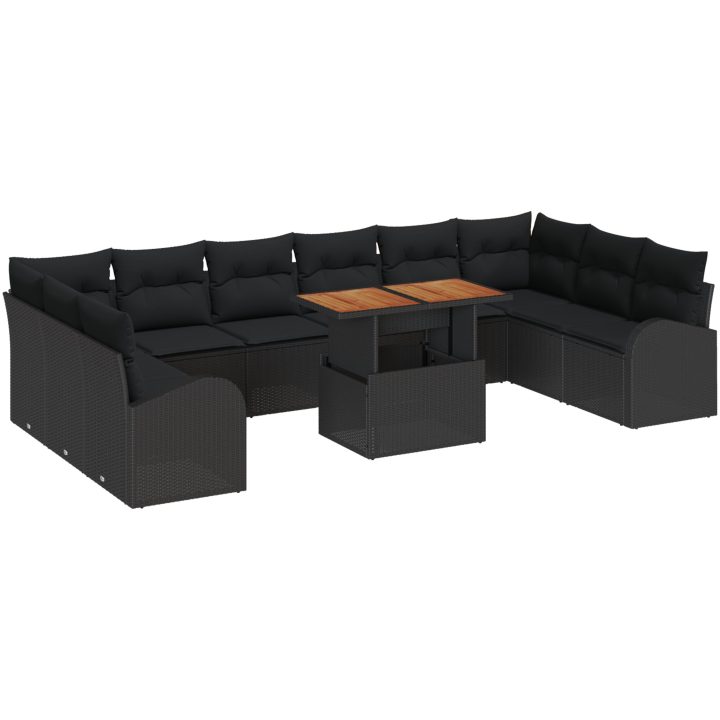 11-delat trädgårdsborumöbelset med kuddar svart poly rattan akacia vidaXL 100 x 55 x 73 cm – bild 2