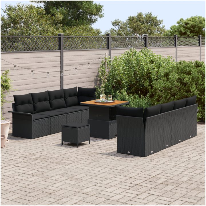 11-delat trädgårdsofa set med dynor Svart Poly rotting Akacia vidaXL Stor – bild 3