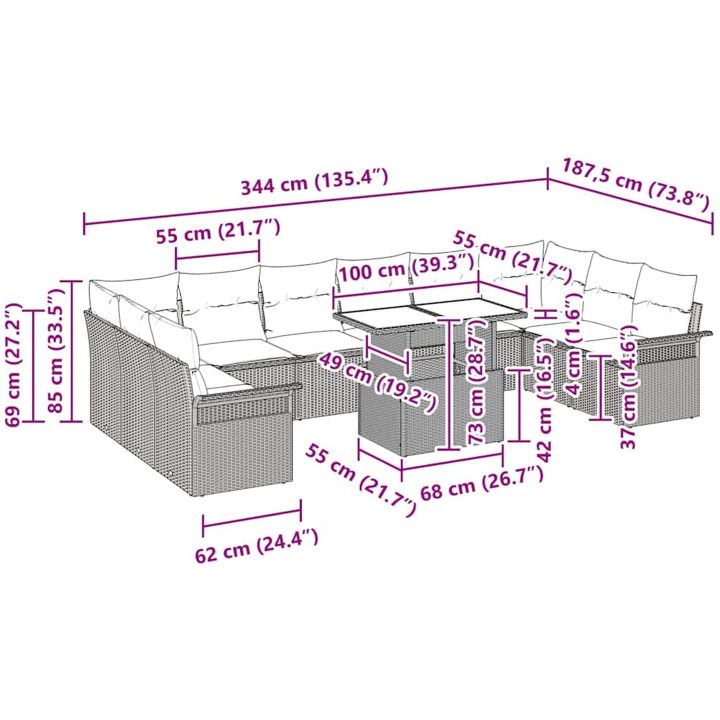 11-delat Trädgårdsofa set med kuddar Beige Poly Rattan vidaXL Stor – bild 3