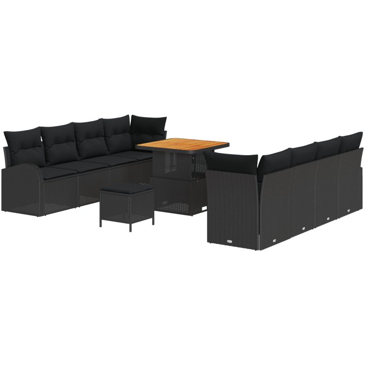 11-delat trädgårdsofa set med kuddar svart polyrotting akacia vidaXL Stor – bild 2