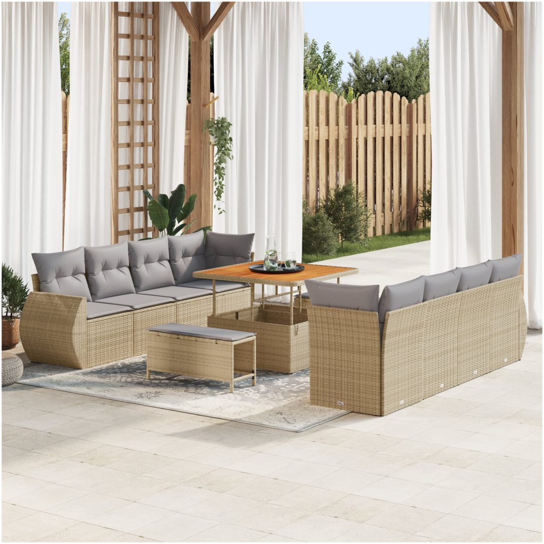 11-delat trädgårdsofasett med kuddar, beige poly-rotting akacia vidaXL Medium