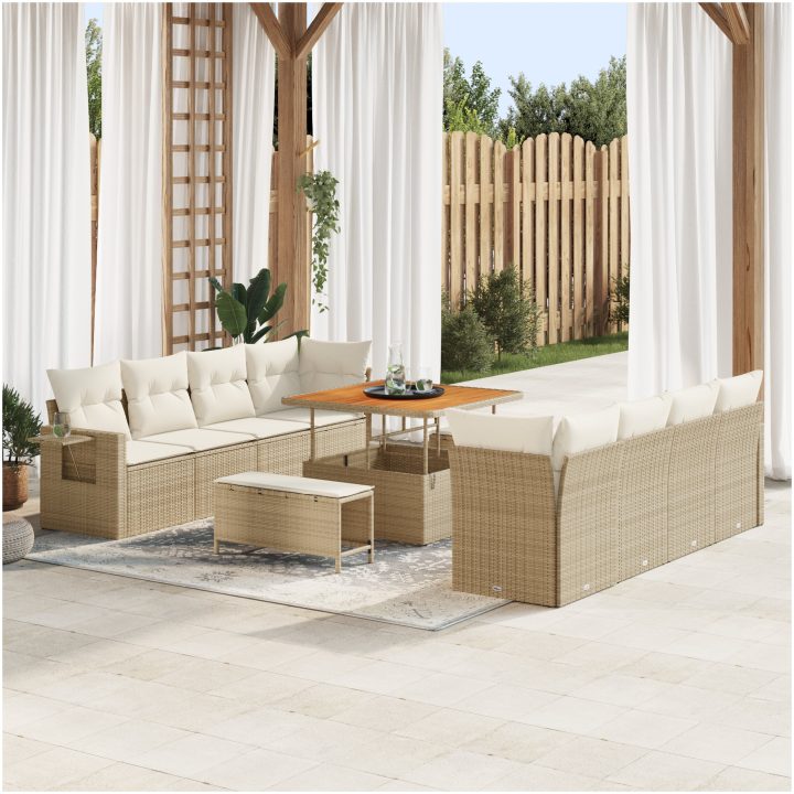 11-delat trädgårdsoff-set med kuddar Beige Poly rotting Akacia vidaXL Stor – bild 3