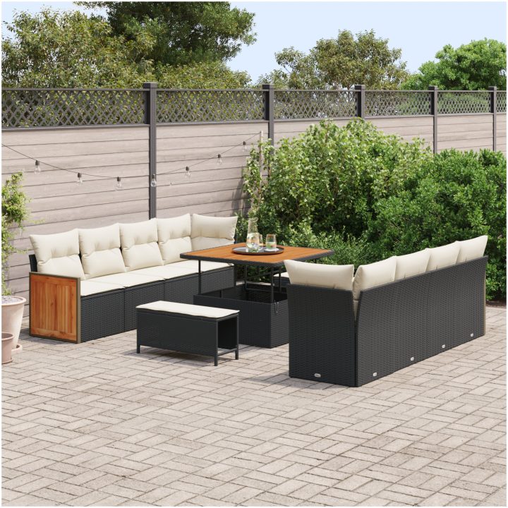 11-delat trädgårdsoff set med kuddar svart poly rattan akacia vidaXL Stor – bild 3